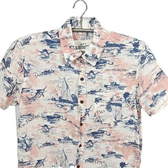 RFT Button Front Shirt Mens L Pink Blue Cotton Jamaica Marlin Ships One Love - Picture 3 of 6